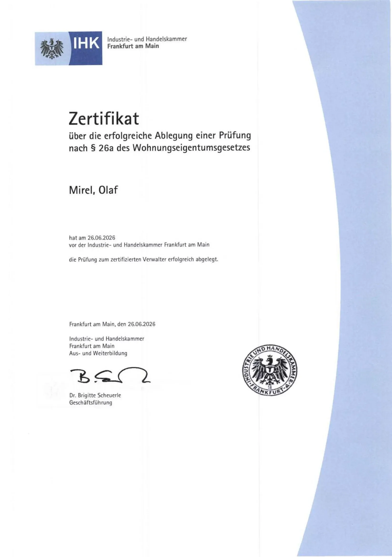 Urkunde „Zertifizierter Verwalter nach § 26a WEG“, ausgestellt von der IHK Frankfurt am Main