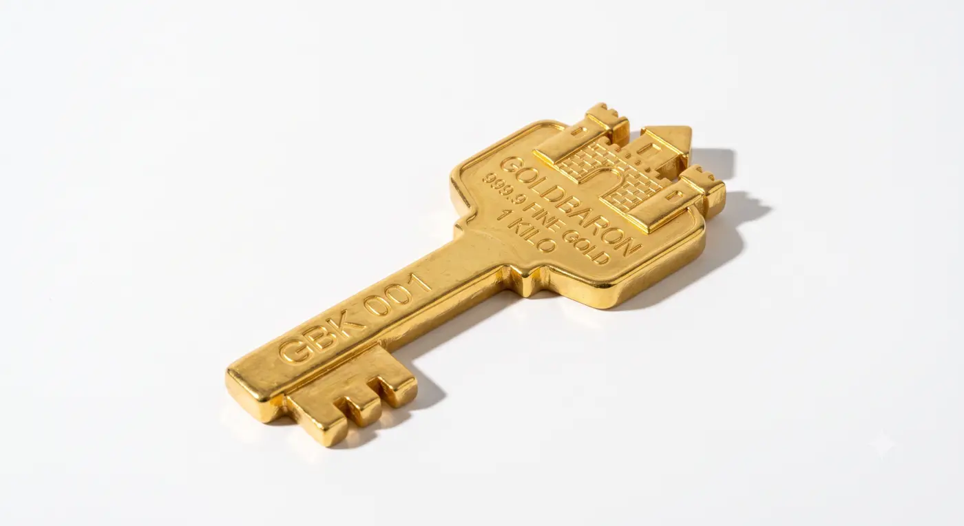 Ein goldener Schlüssel mit eingeprägtem Haus, auf hellem Grund liegend