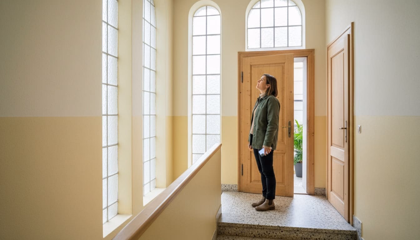 Verwalterin hält im Treppenhaus inne, das Smartphone tief in der Hand, oben steht eine Tür offen