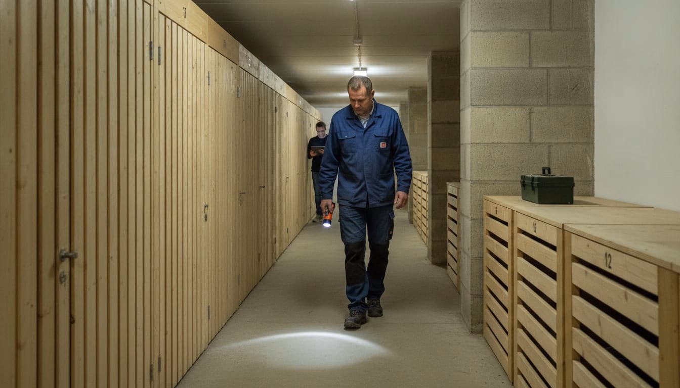 Langer Kellergang mit Verschlägen aus Holzlatten, ein Hausmeister geht mit Taschenlampe vorbei