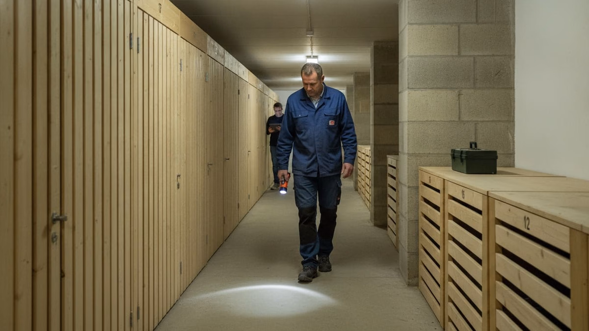 Langer Kellergang mit Verschlägen aus Holzlatten, ein Hausmeister geht mit Taschenlampe vorbei