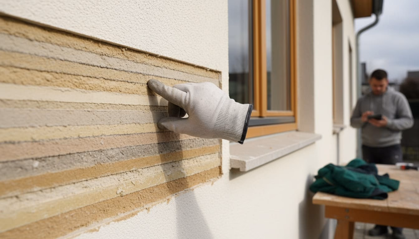 Angeschnittene Putzschichten an einer Fassade, eine behandschuhte Fingerspitze daneben