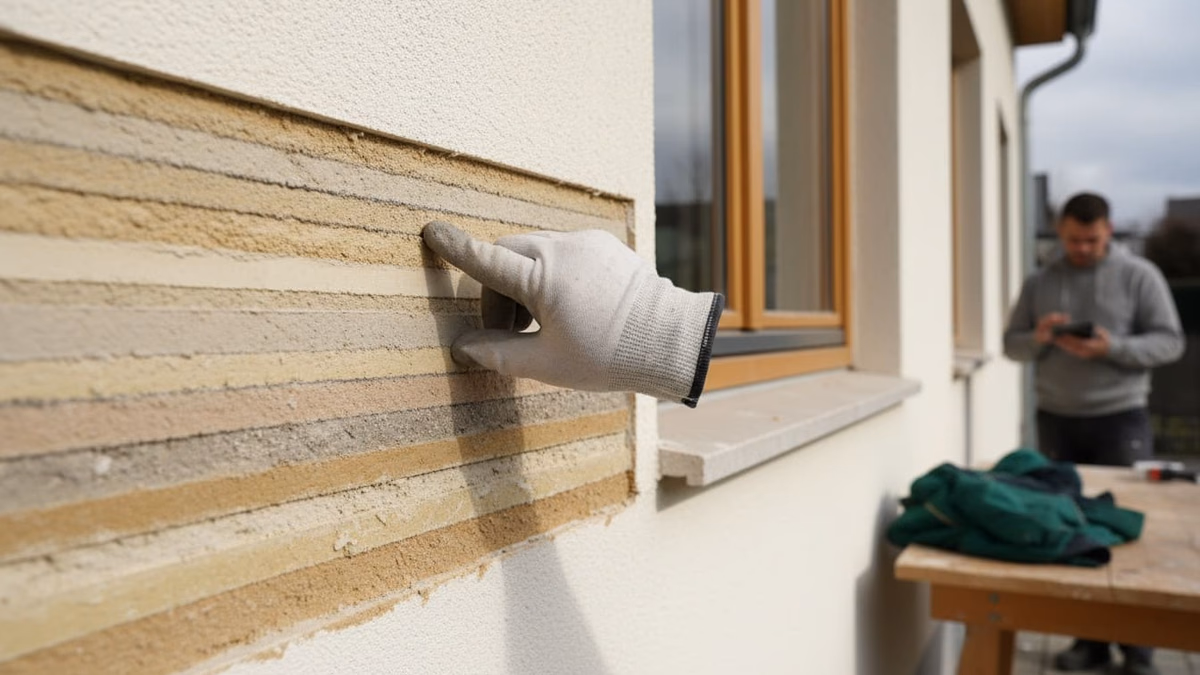 Angeschnittene Putzschichten an einer Fassade, eine behandschuhte Fingerspitze daneben