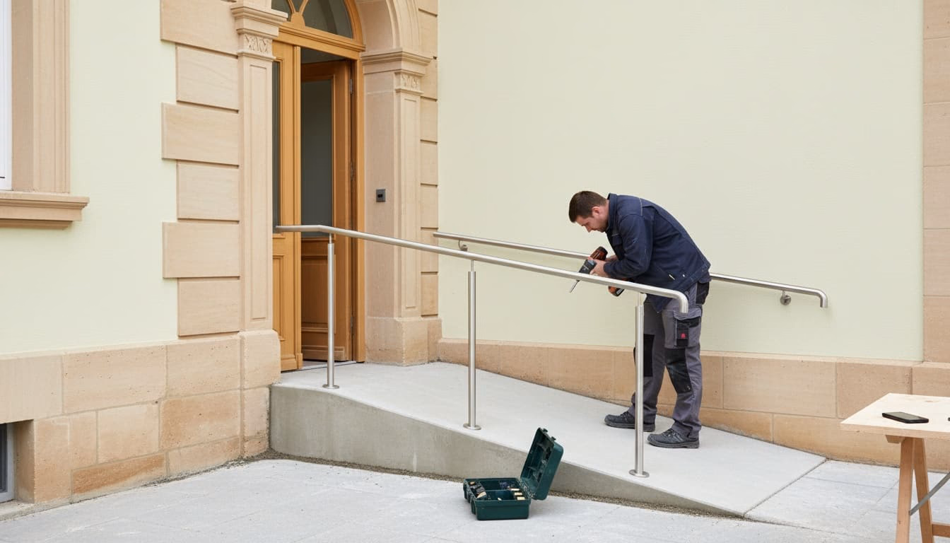 Monteur befestigt den Handlauf an einer neuen Rampe am Eingang eines Mehrfamilienhauses