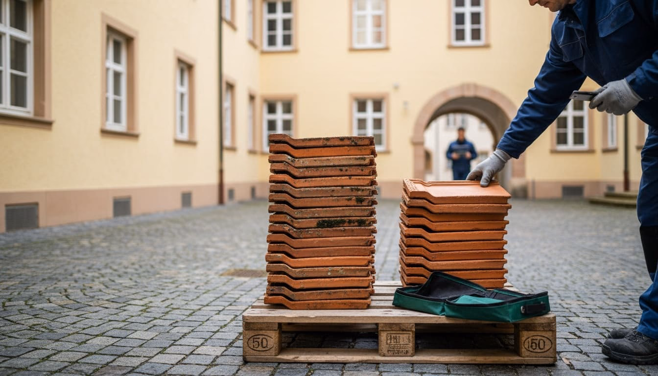 Verwitterte und neue Dachziegel nebeneinander gestapelt, eine Hand hebt einen neuen ab