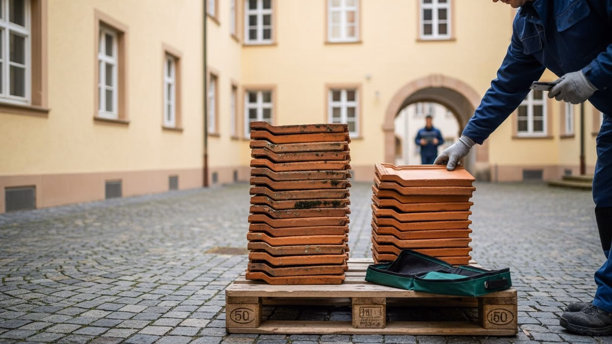 Verwitterte und neue Dachziegel nebeneinander gestapelt, eine Hand hebt einen neuen ab