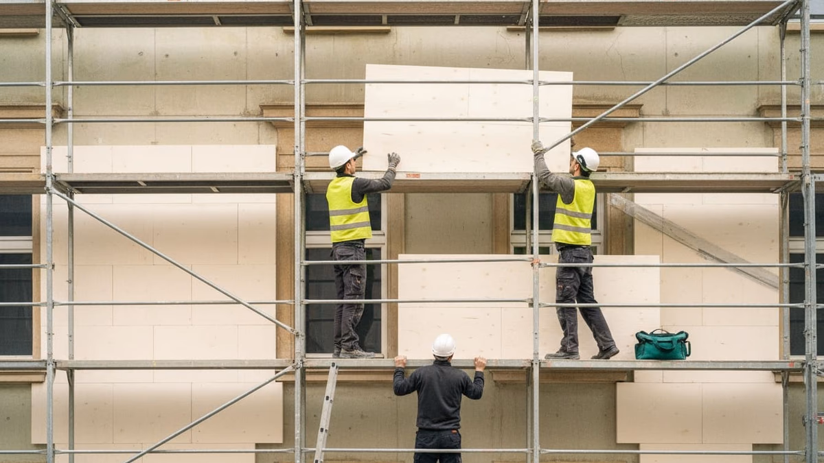 Arbeiter setzen auf dem Gerüst eine Dämmplatte an die Fassade eines Mehrfamilienhauses