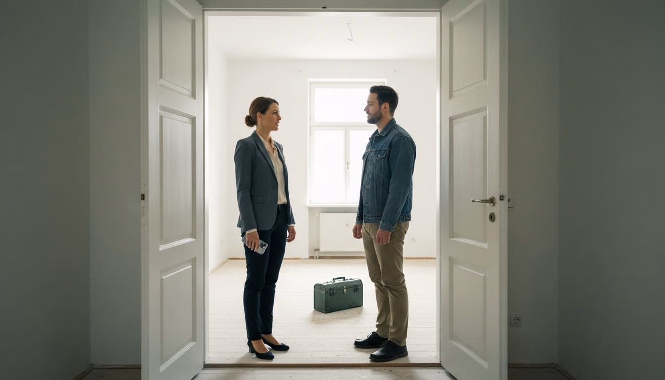 Verwalterin und Mietinteressent im Gespräch an der offenen Tür einer leeren Wohnung