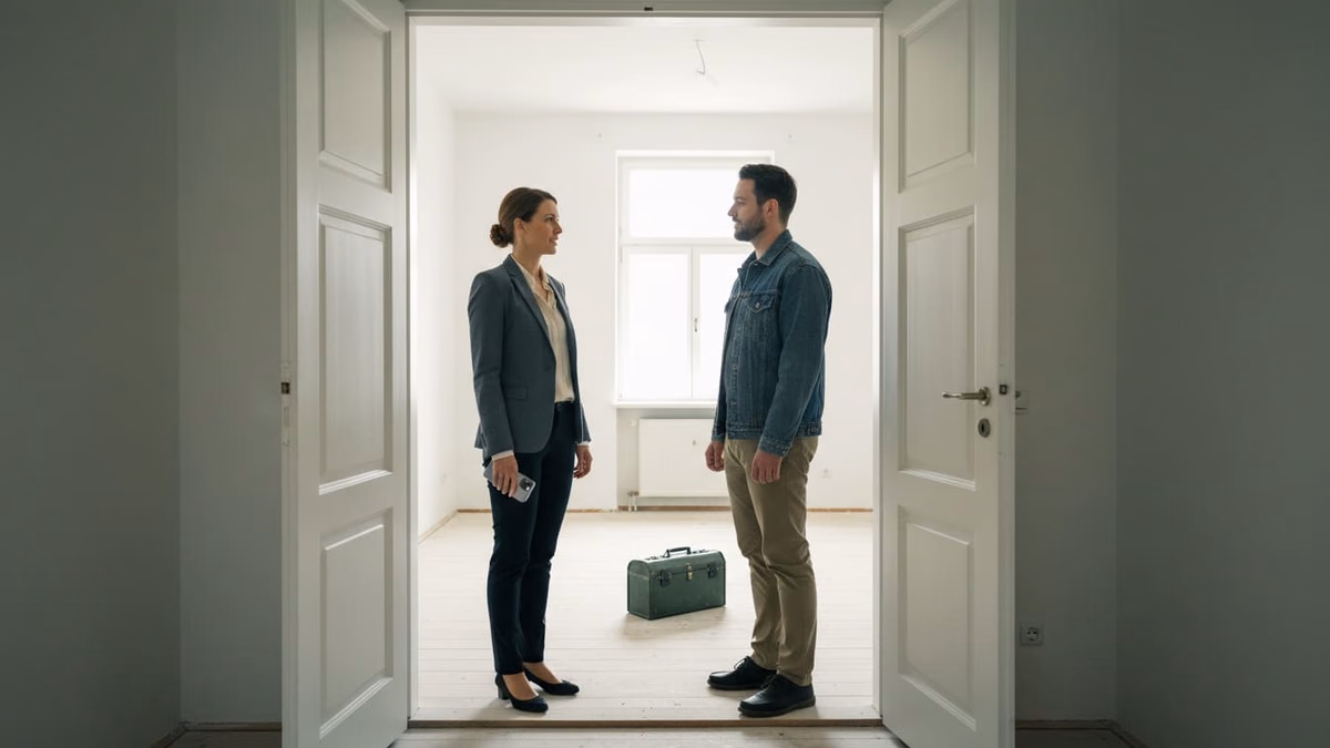 Verwalterin und Mietinteressent im Gespräch an der offenen Tür einer leeren Wohnung