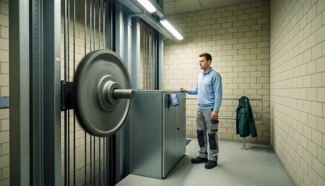 Wartungstechniker bei der Routinekontrolle am Aufzugssteuerschrank