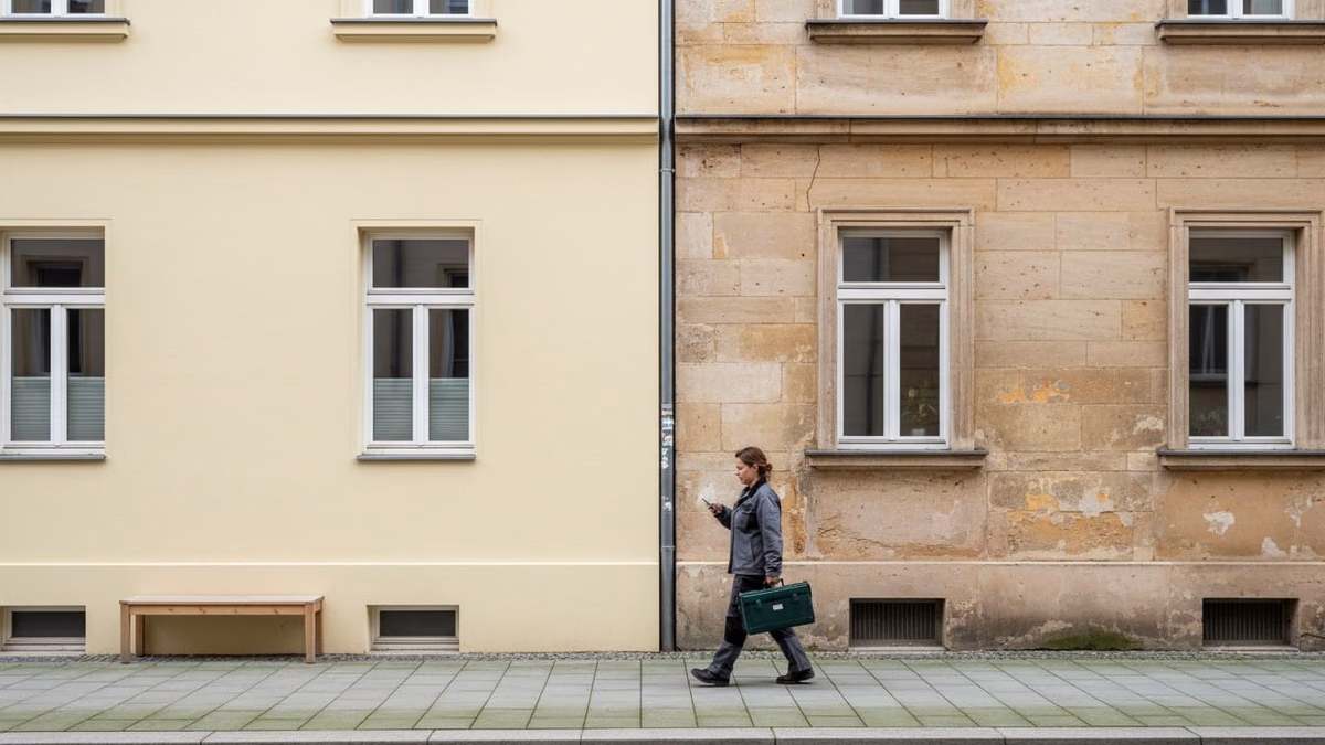 Zwei aneinandergrenzende Mehrfamilienhäuser, eine Fassade saniert, die andere im Altzustand