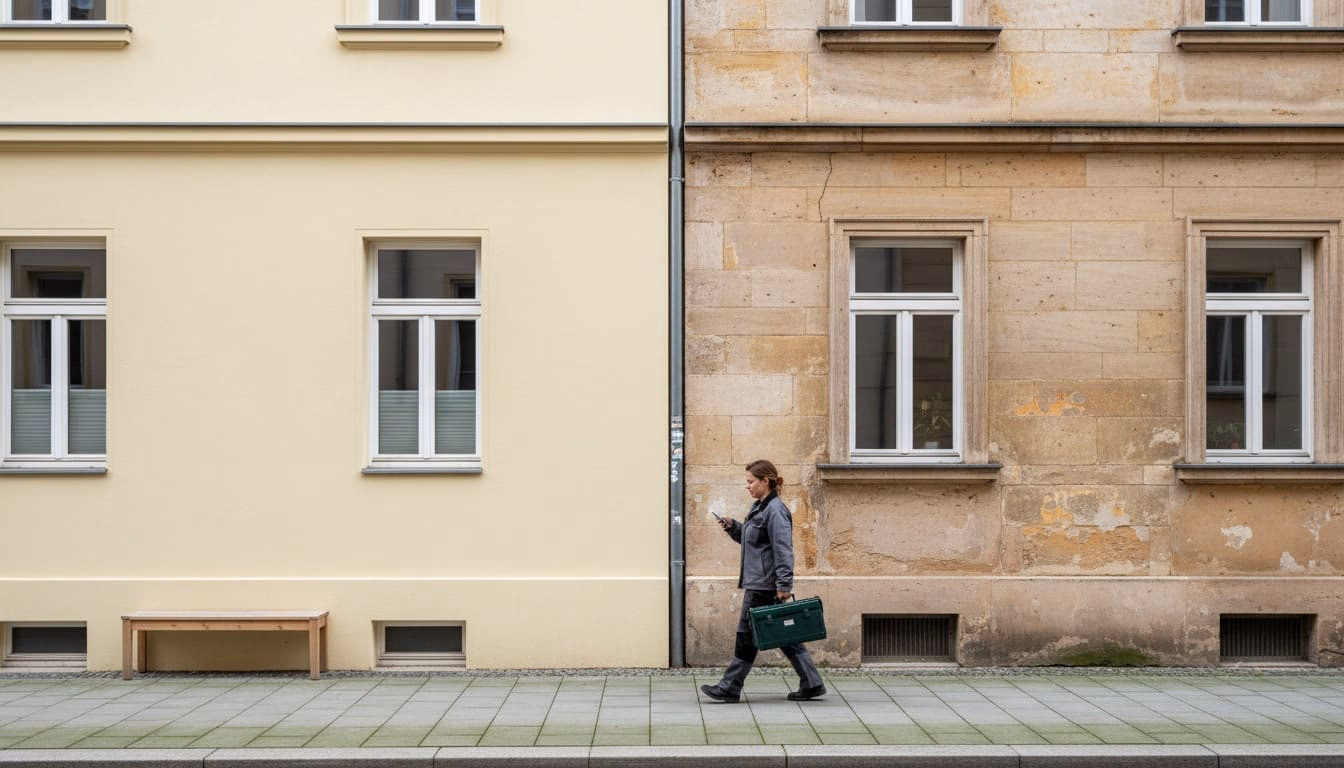 Zwei aneinandergrenzende Mehrfamilienhäuser, eine Fassade saniert, die andere im Altzustand