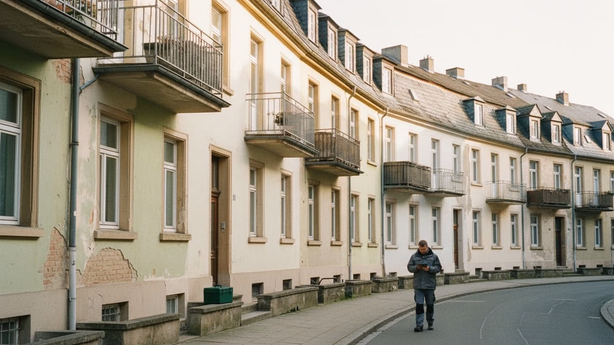 Straßenzeile mit Mehrfamilienhäusern in unterschiedlichem Sanierungszustand