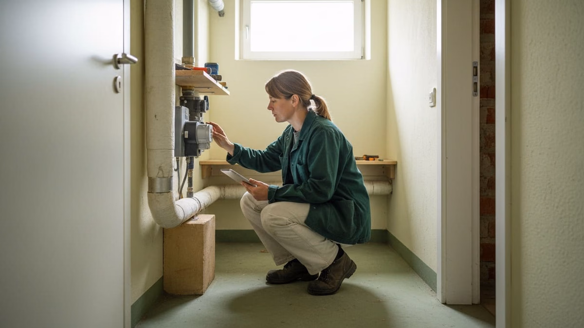 Verwalterin liest im Keller den Wärmemengenzähler an der Vorlaufleitung ab
