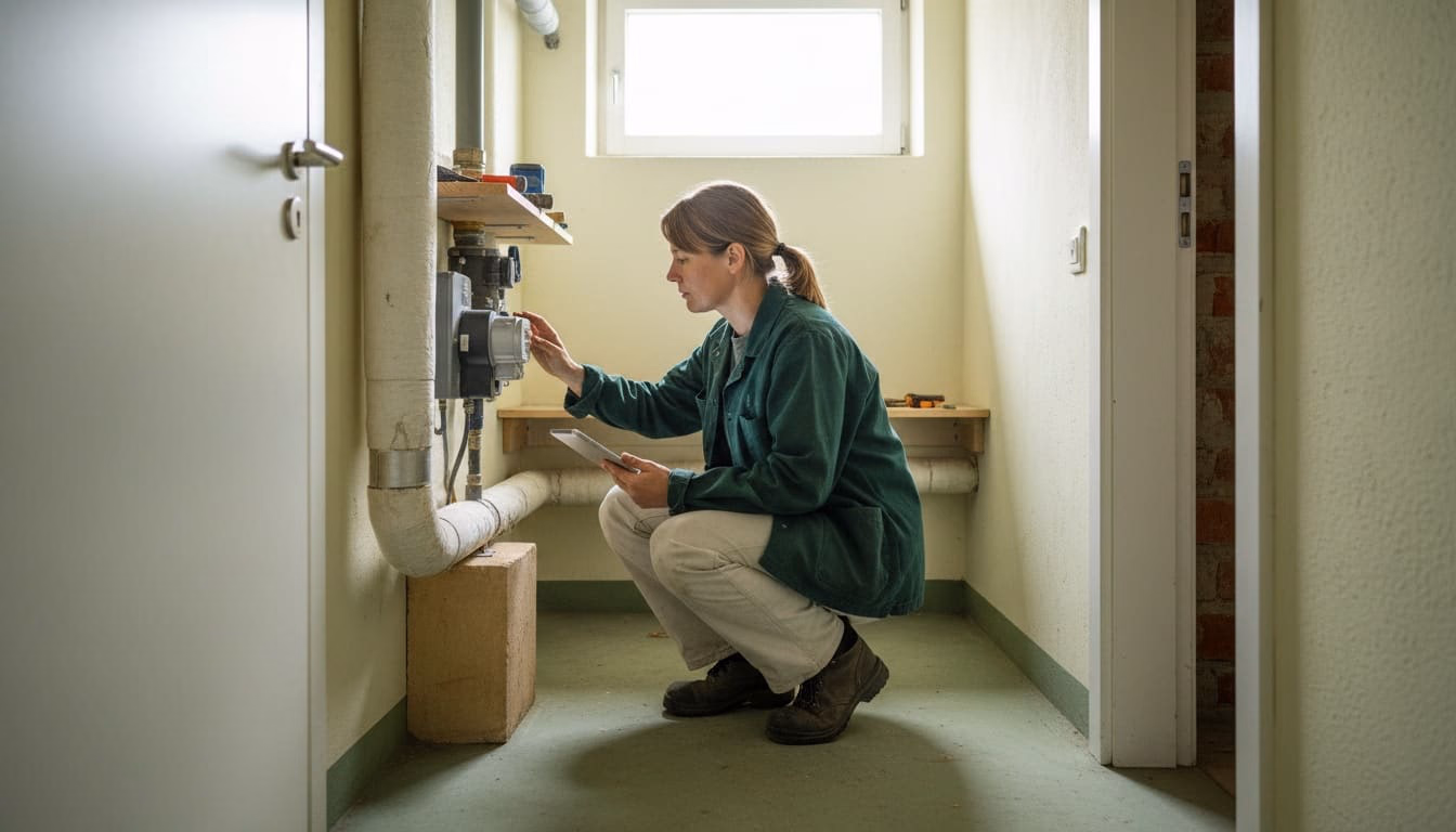 Verwalterin liest im Keller den Wärmemengenzähler an der Vorlaufleitung ab
