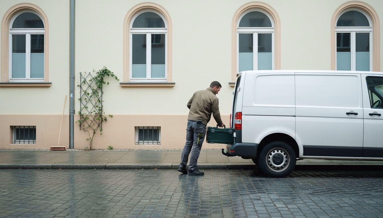 Handwerker schiebt nach getaner Arbeit den Werkzeugkoffer zurück in den Transporter