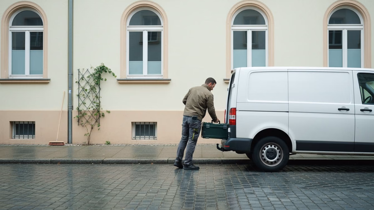 Handwerker schiebt nach getaner Arbeit den Werkzeugkoffer zurück in den Transporter