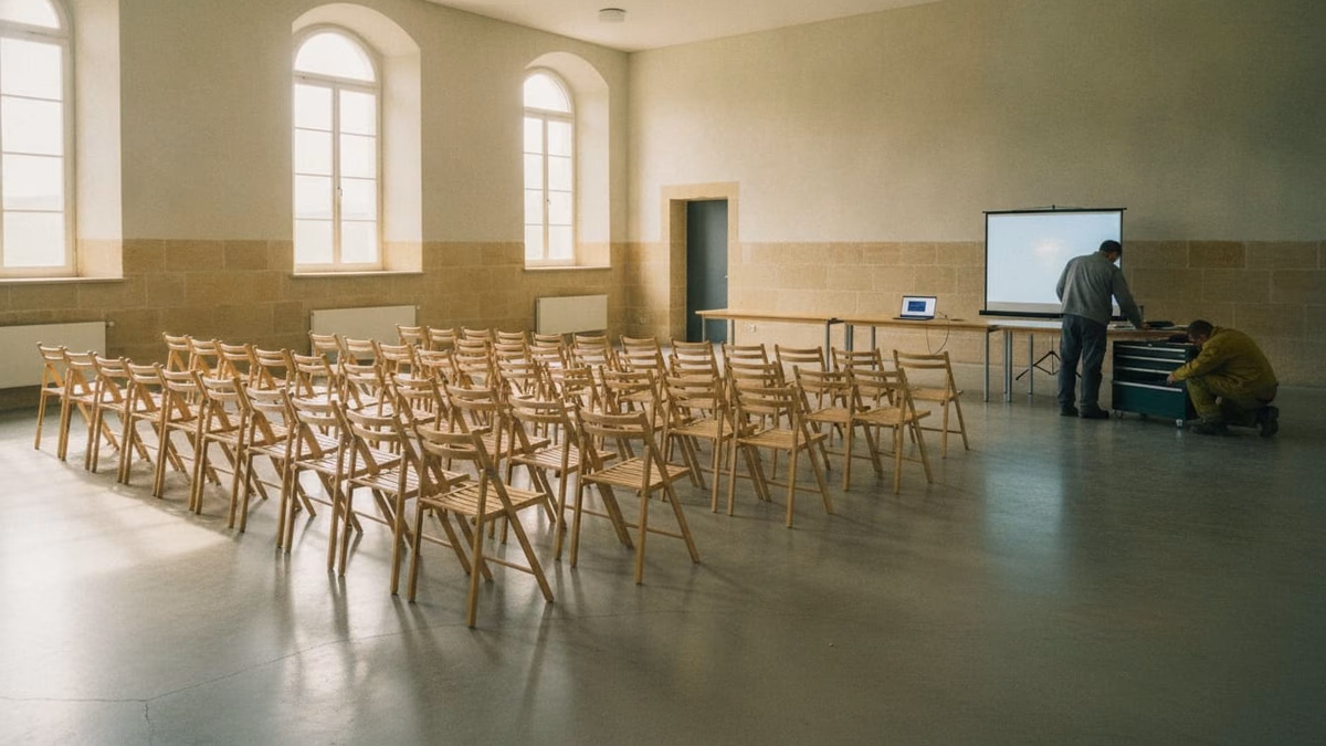 Versammlungssaal mit Stuhlreihen, vorn ein aufgeklappter Laptop auf dem Tisch