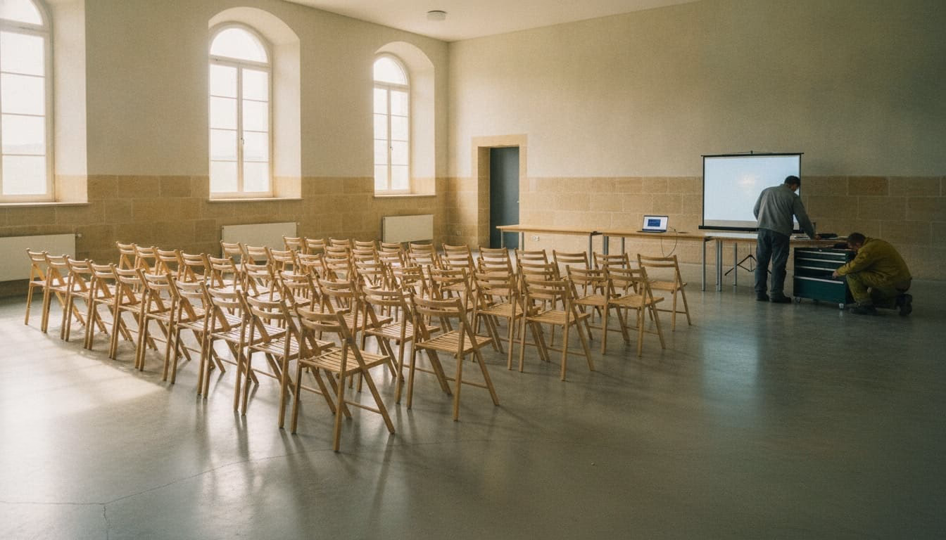 Versammlungssaal mit Stuhlreihen, vorn ein aufgeklappter Laptop auf dem Tisch