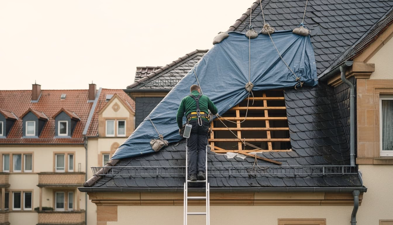 Notdürftig abgeplante Schadstelle auf einem Ziegeldach, ein Dachdecker steigt die Leiter hinauf