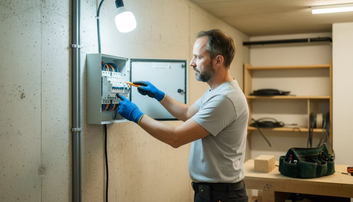 Elektriker am geöffneten Verteilerkasten im Keller, Hand an der Sicherungsreihe