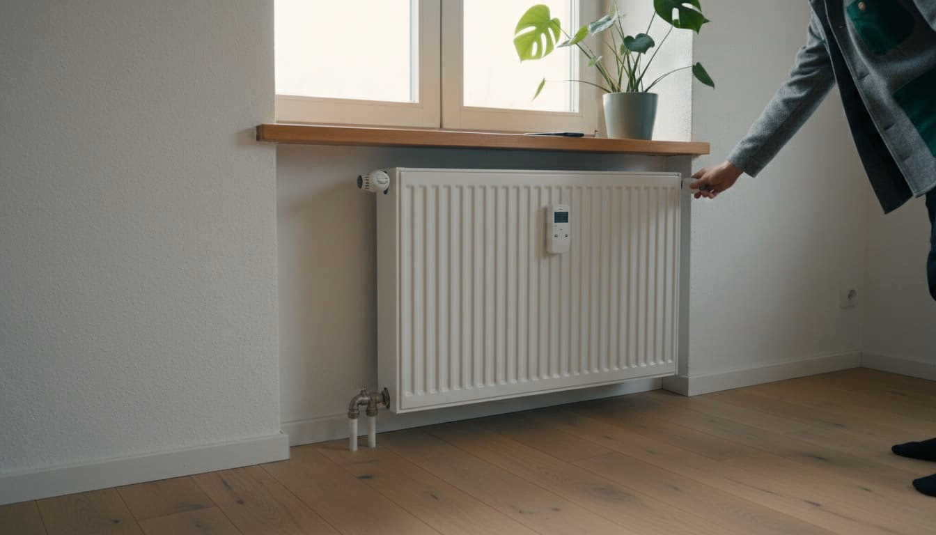 Heizkörper mit Heizkostenverteiler in einer bewohnten Wohnung, Hand am Thermostatventil