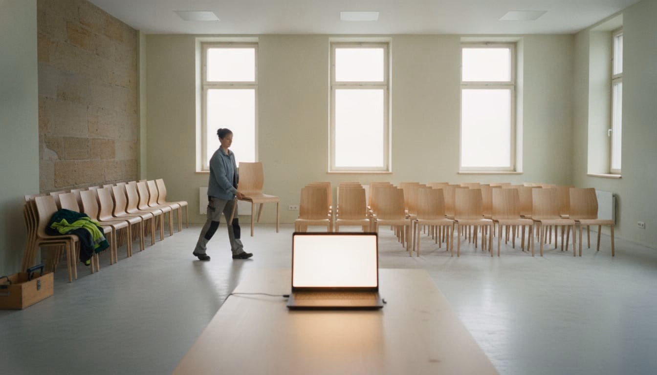 Halb bestuhlter Versammlungssaal, eine Frau trägt einen Stuhl, vorn steht ein Laptop