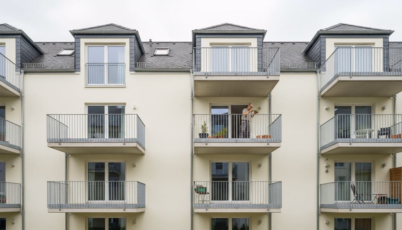 Fassade eines Mehrfamilienhauses mit unterschiedlich großen Balkonen je Geschoss