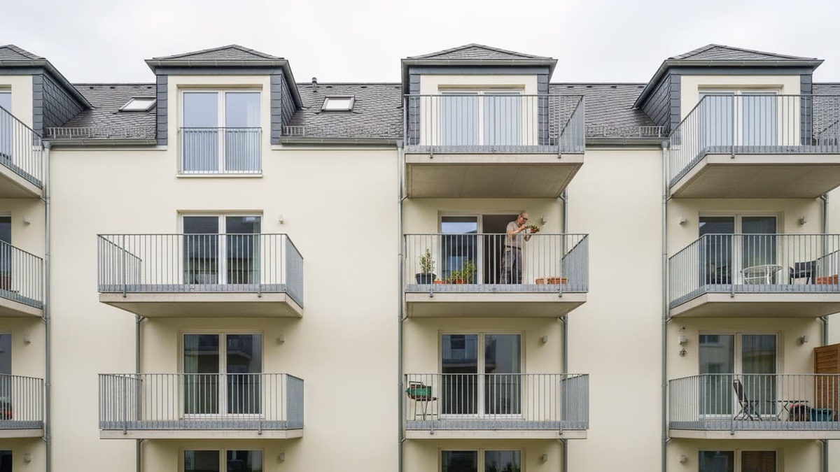 Fassade eines Mehrfamilienhauses mit unterschiedlich großen Balkonen je Geschoss