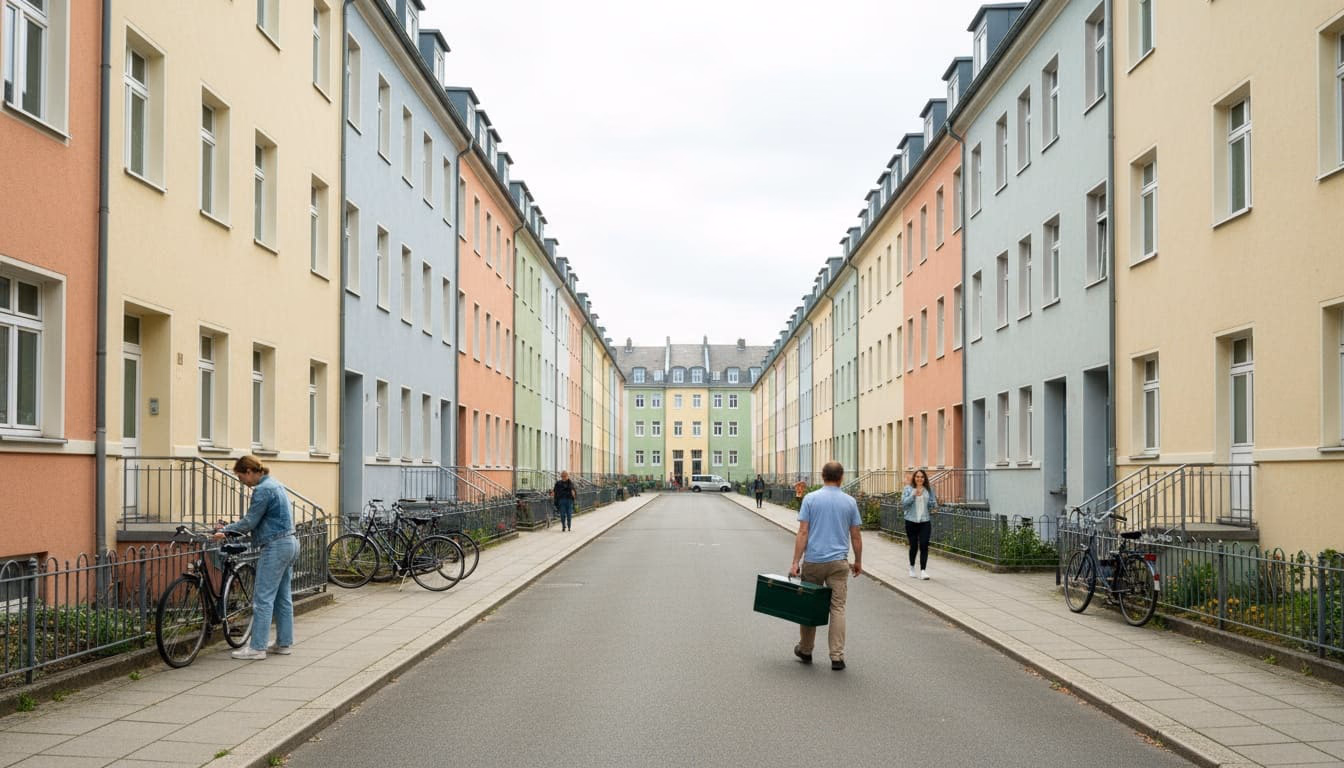 Straßenzeile mit vergleichbaren Mehrfamilienhäusern in leicht unterschiedlichen Putztönen