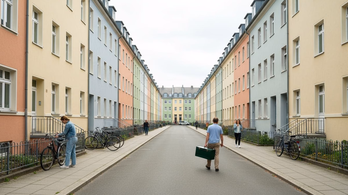 Straßenzeile mit vergleichbaren Mehrfamilienhäusern in leicht unterschiedlichen Putztönen