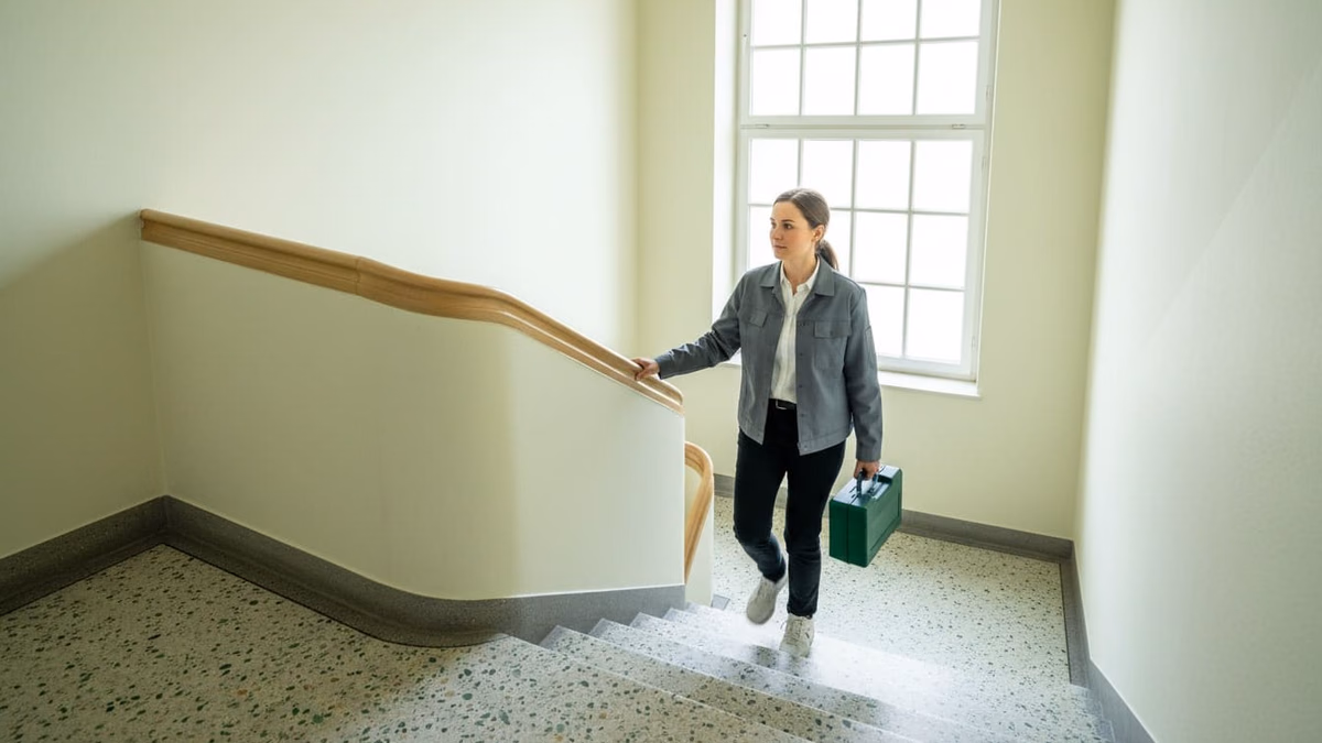 Verwalterin steigt im Treppenhaus die Stufen hinauf, die Hand am Handlauf