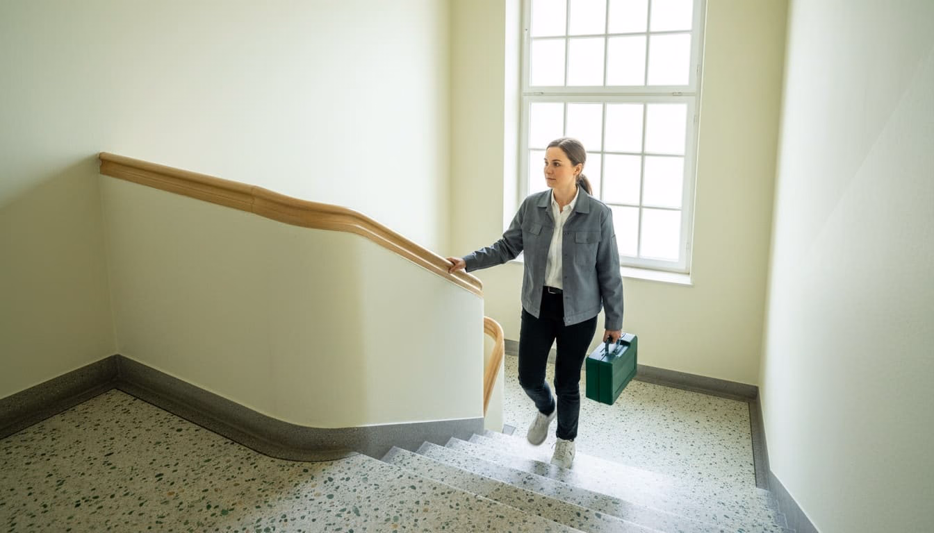 Verwalterin steigt im Treppenhaus die Stufen hinauf, die Hand am Handlauf