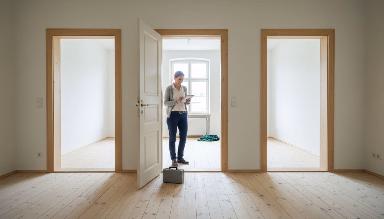 Verwalterin steht in der Tür einer leeren Wohnung, dahinter fluchten weitere offene Türen