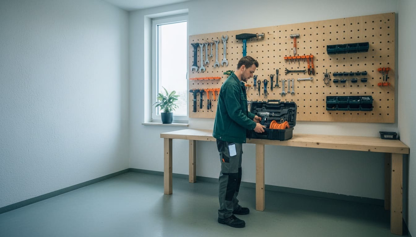 Hausmeister hebt in seiner Werkstatt einen gepackten Werkzeugkoffer von der Werkbank