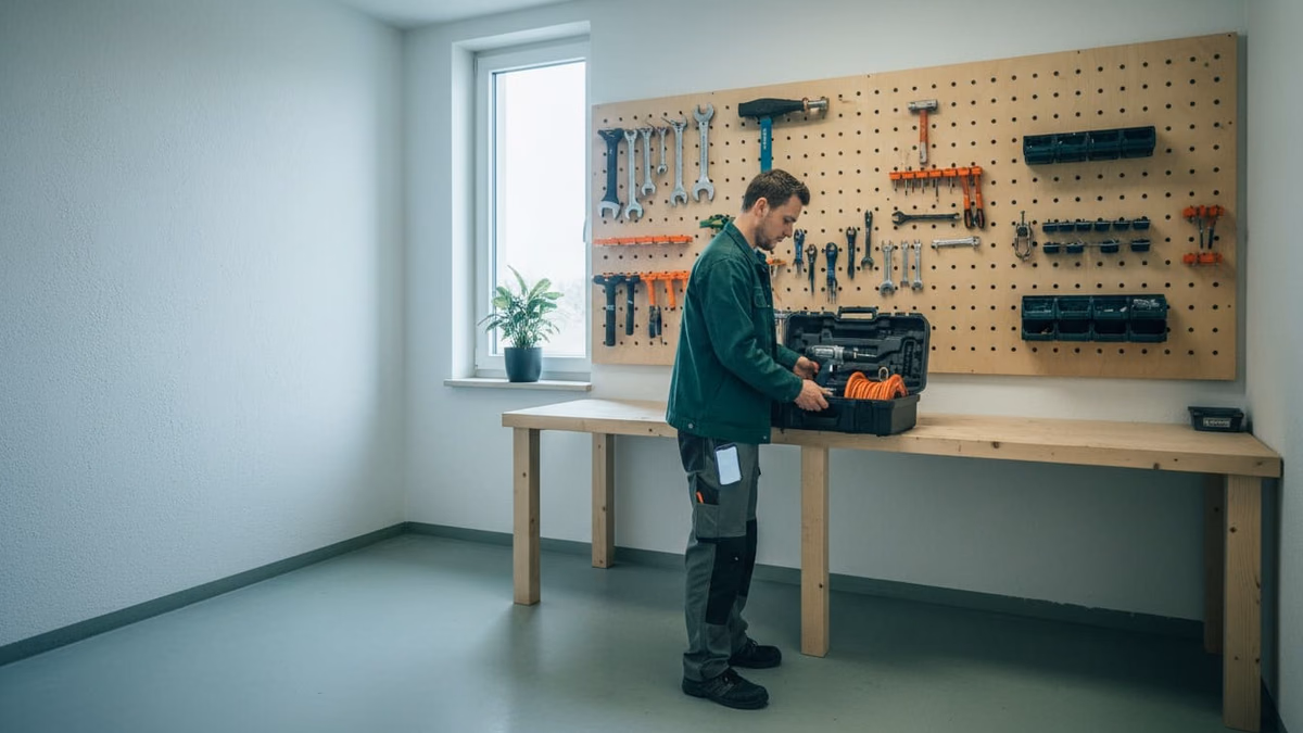 Hausmeister hebt in seiner Werkstatt einen gepackten Werkzeugkoffer von der Werkbank