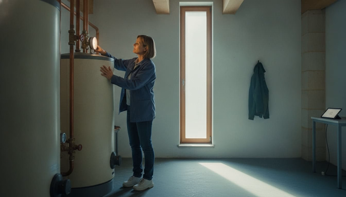Verwalterin liest am Warmwasserspeicher im Heizungskeller das Thermometer ab