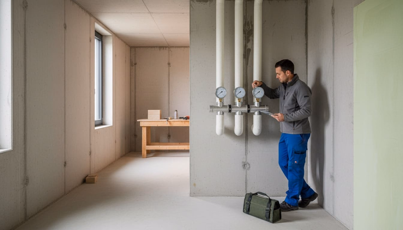 Heizungsmonteur am Verteilerbalken einer modernen Heizungsanlage, Manometer auf Augenhöhe