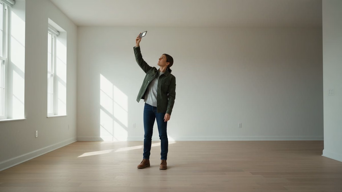 Verwalterin fotografiert in einer leeren Wohnung mit dem Smartphone die Zimmerecke