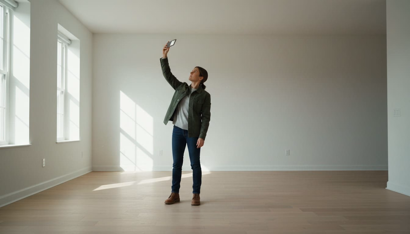 Verwalterin fotografiert in einer leeren Wohnung mit dem Smartphone die Zimmerecke