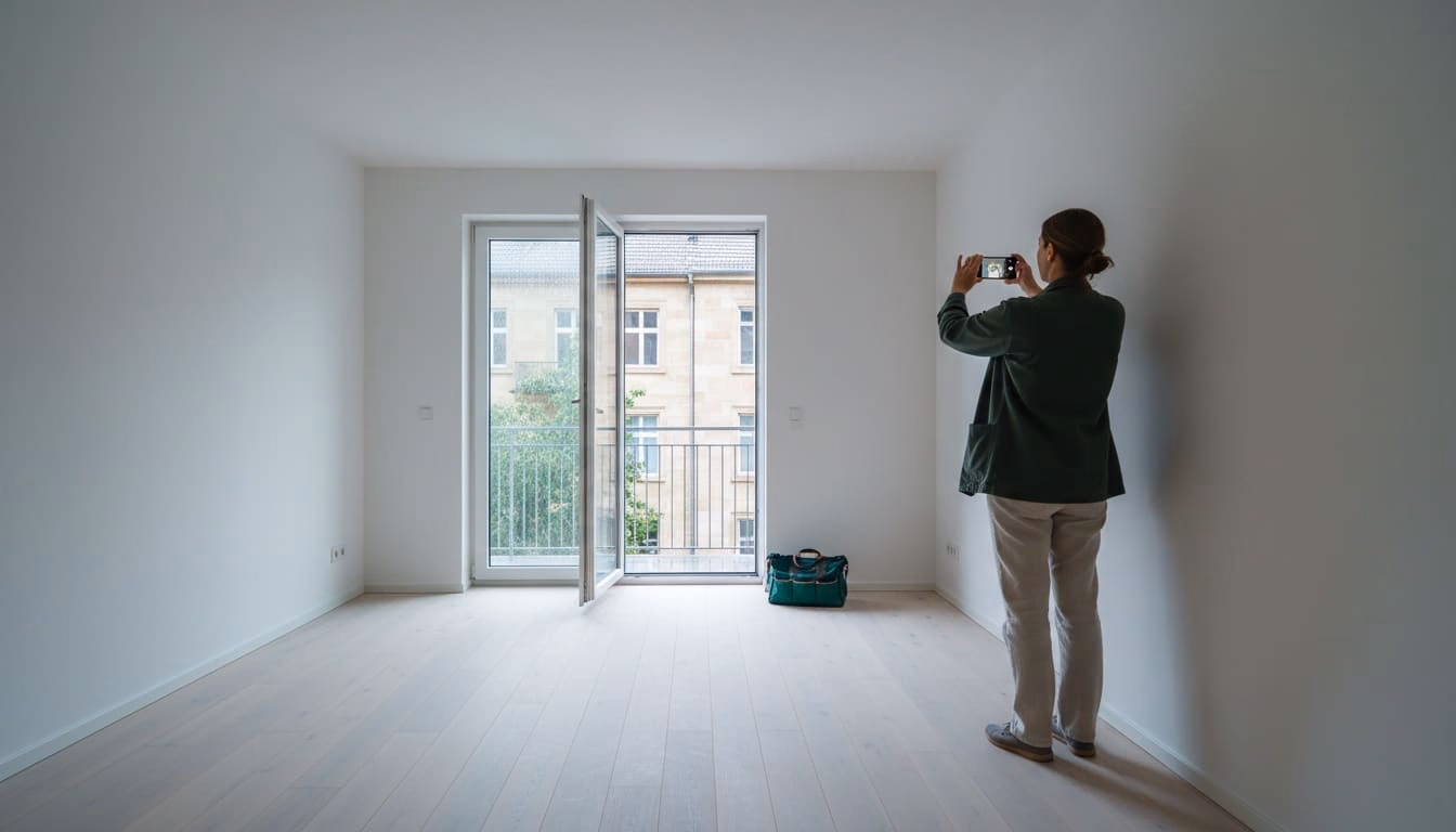 Verwalterin fotografiert eine leere Wohnung im Querformat mit dem Smartphone