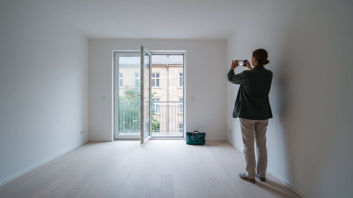 Verwalterin fotografiert eine leere Wohnung im Querformat mit dem Smartphone