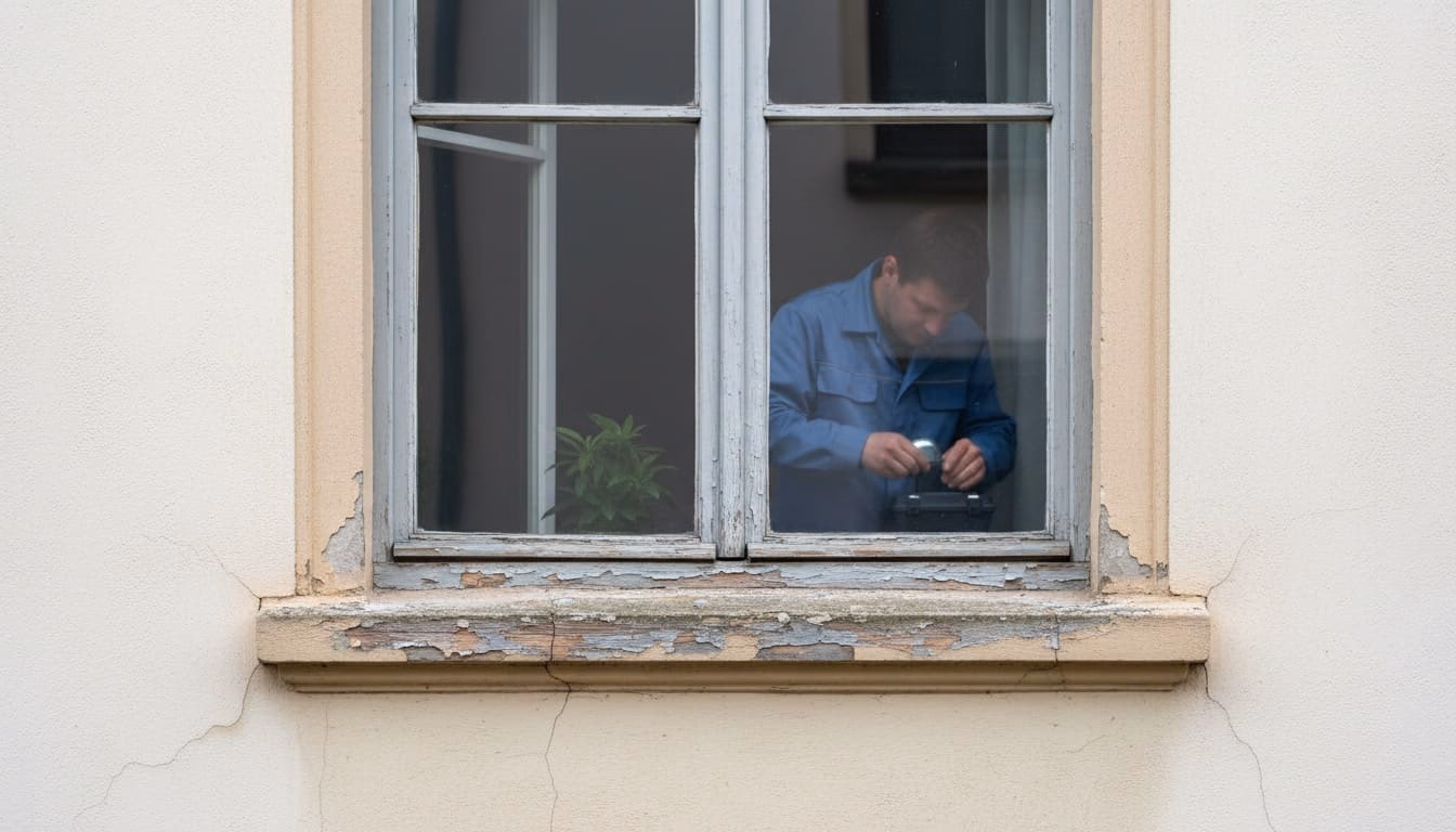 Verwitterte Holzfensterrahmen mit abblätternder Farbe an der Fassade eines Mehrfamilienhauses