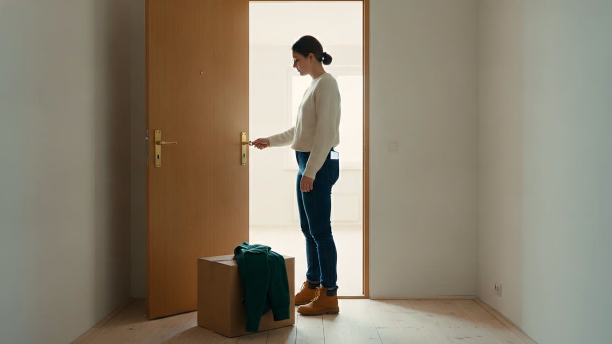 Junge Frau dreht den Schlüssel in der Tür einer leeren Wohnung, ein Umzugskarton steht daneben