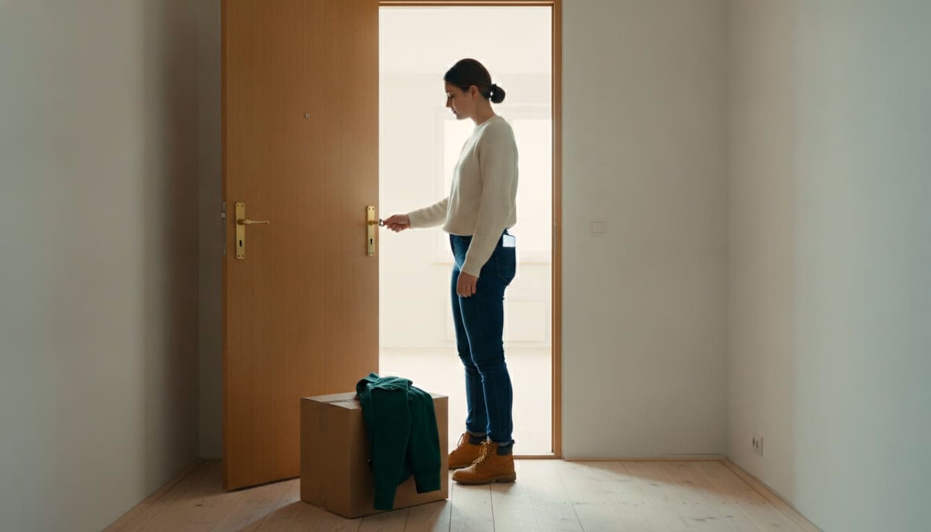 Junge Frau dreht den Schlüssel in der Tür einer leeren Wohnung, ein Umzugskarton steht daneben