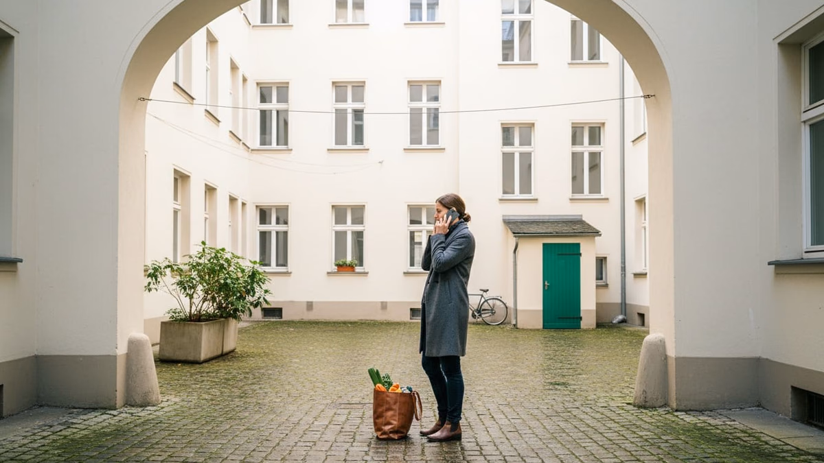 Frau telefoniert im Innenhof eines Mehrfamilienhauses, eine Einkaufstasche steht am Boden