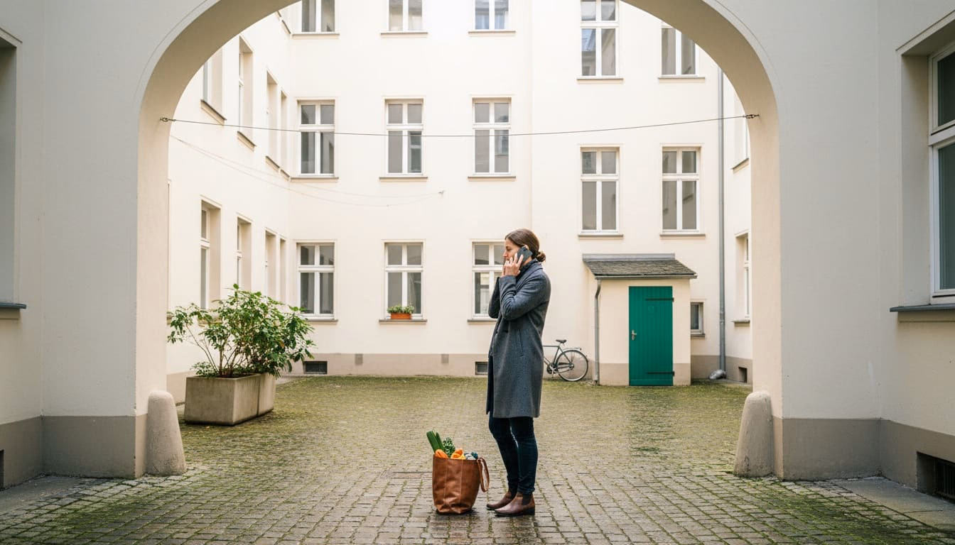 Frau telefoniert im Innenhof eines Mehrfamilienhauses, eine Einkaufstasche steht am Boden