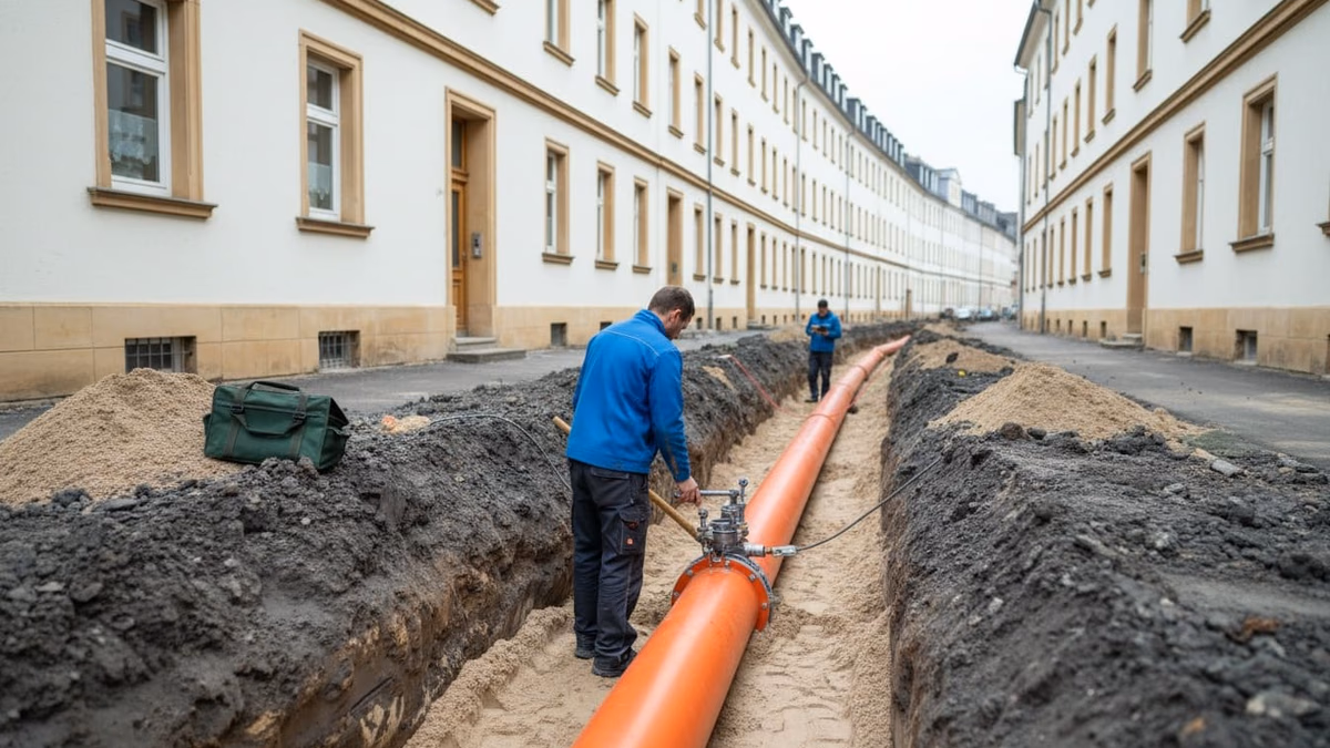 Offener Graben in einer Wohnstraße mit verlegter Fernwärmeleitung, ein Arbeiter an der Muffe