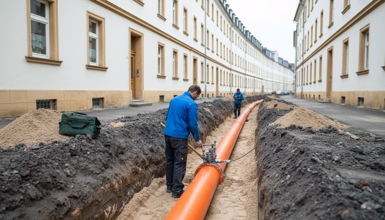 Offener Graben in einer Wohnstraße mit verlegter Fernwärmeleitung, ein Arbeiter an der Muffe