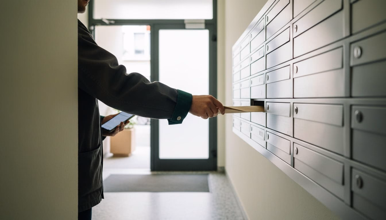Hand am Einwurfschlitz eines Briefkastens in der Anlage im Hausflur